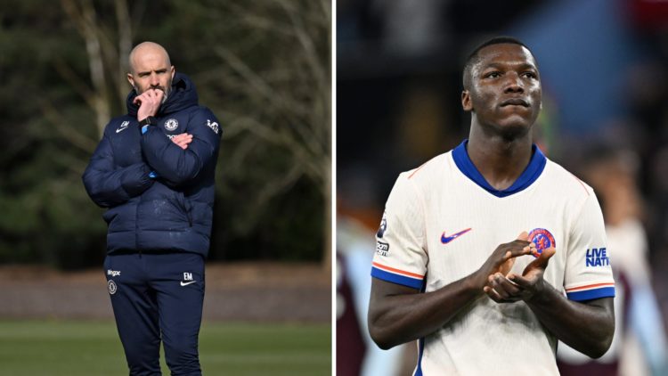 Split image - Chelsea manager Enzo Maresca concentrating on training session and Moises Caicedo clapping
