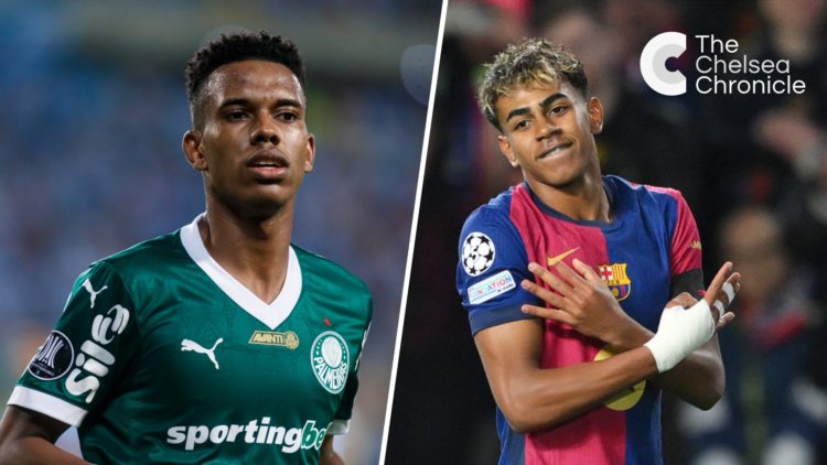 Split image - Future Chelsea player Estevao Willian playing at Palmeiras and Barcelona star Lamine Yamal celebrating goal