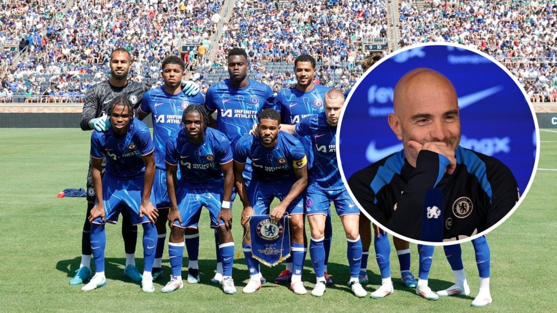 Chelsea team photo before pre-season game, inset Enzo Maresca hiding his smile