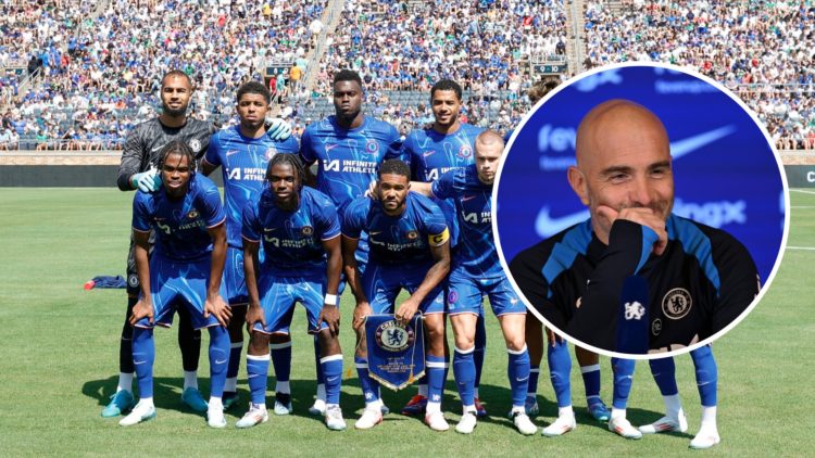 Chelsea team photo before pre-season game, inset Enzo Maresca hiding his smile