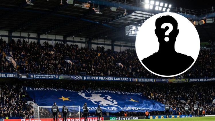 Chelsea fans at Stamford Bridge for a Conference League match. Inset, mystery football player