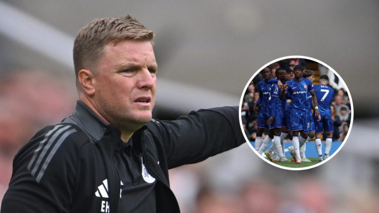 Newcastle United manager Eddie Howe in the Premier League. Inset, Chelsea players celebrating a goal against Liverpool in the Premier League