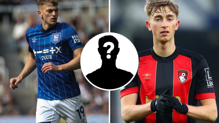 Split image - Ipswich Town's Liam Delap running and Bournemouth's Dean Huijsen with his hands together, inset mystery player