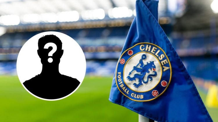 Chelsea badge on the corner flag at Stamford Bridge. Inset, mystery football player