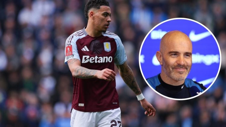 Aston Villa's Morgan Rogers during match, inset Chelsea boss Enzo Maresca smiling