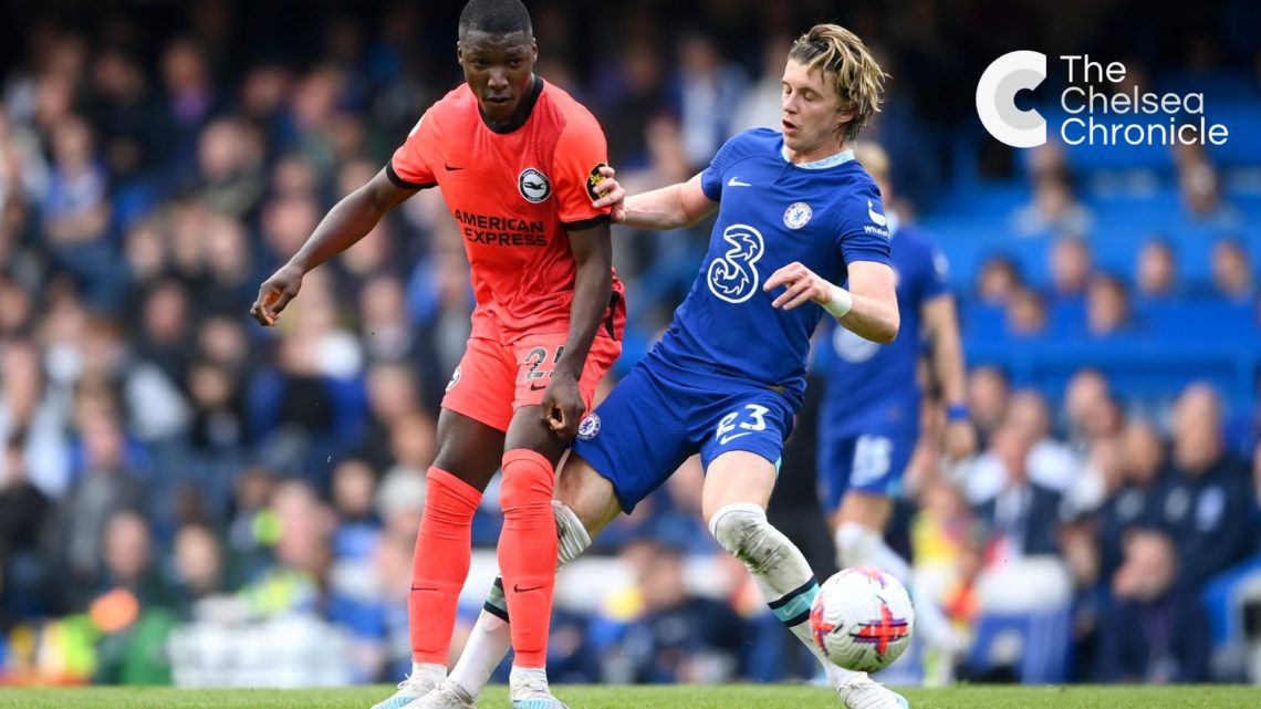 Conor Gallagher trying to tackle Moises Caicedo in match between Chelsea and Brighton