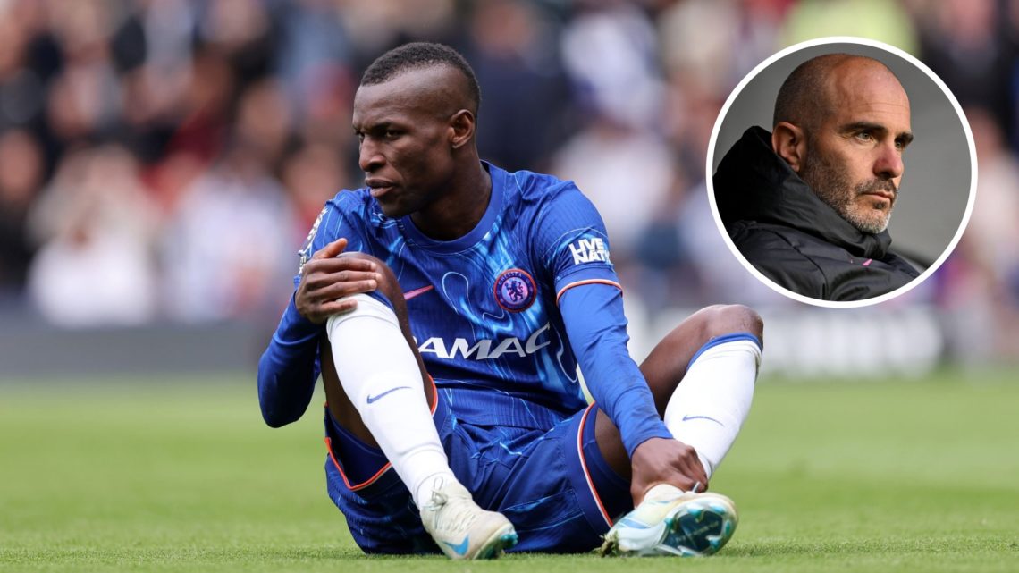 Chelsea striker Nicolas Jackson sitting down on the pitch, inset Enzo Maresca sitting on bench