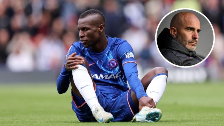 Chelsea striker Nicolas Jackson sitting down on the pitch, inset Enzo Maresca sitting on bench
