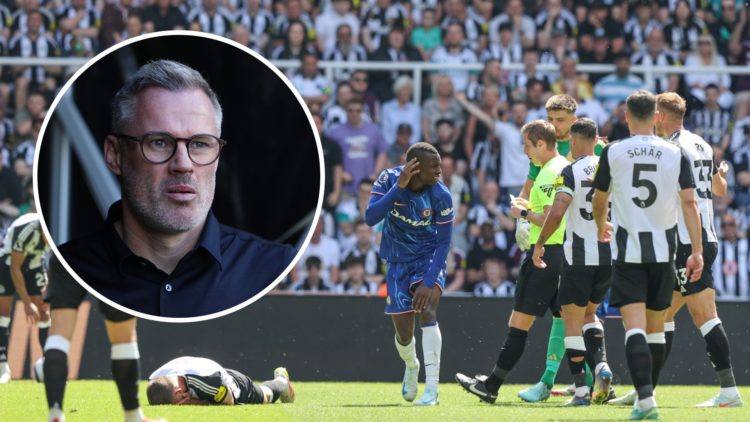 Chelsea striker Nicolas Jackson before sending off vs Newcastle, inset Jamie Carragher with serious expression on face