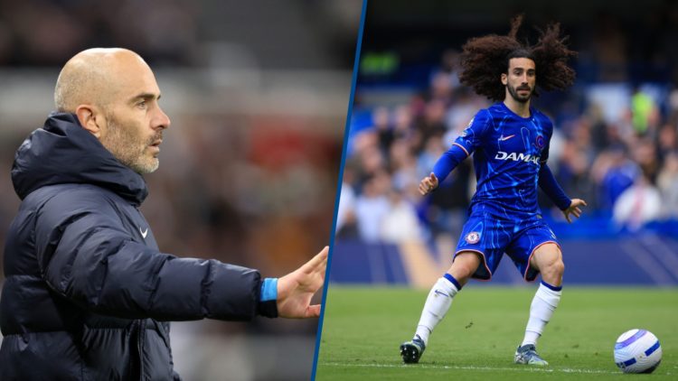 Split image - Chelsea manager Enzo Maresca giving out instructions and Marc Cucurella with the ball