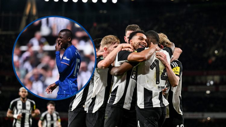 Newcastle players celebrating goal against Arsenal, inset Chelsea striker Nicolas Jackson reacts to red card