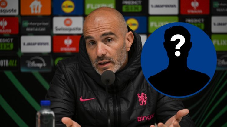 Chelsea manager Enzo Maresca answering question in pre-match press conference, inset mystery player