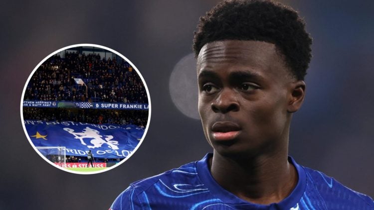 Tyrique George playing for Chelsea in the Conference League. Inset, Chelsea fans with a banner at Stamford Bridge