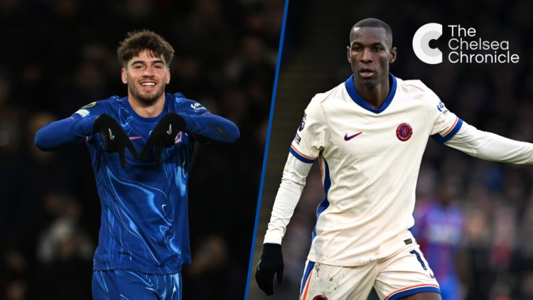 Split image - Chelsea striker Marc Guiu celebrating goal and Nicolas Jackson playing against Crystal Palace