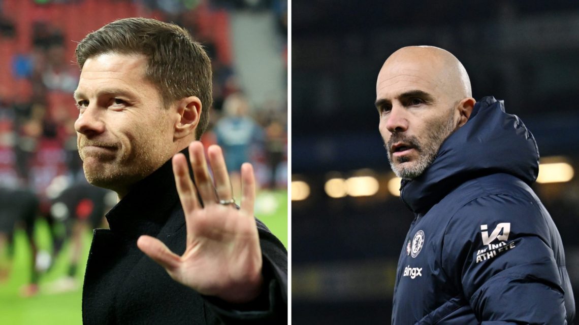 Split image - Bayer Leverkusen manager Xabi Alonso waving hand and Chelsea head coach Enzo Maresca with surprised expression on face