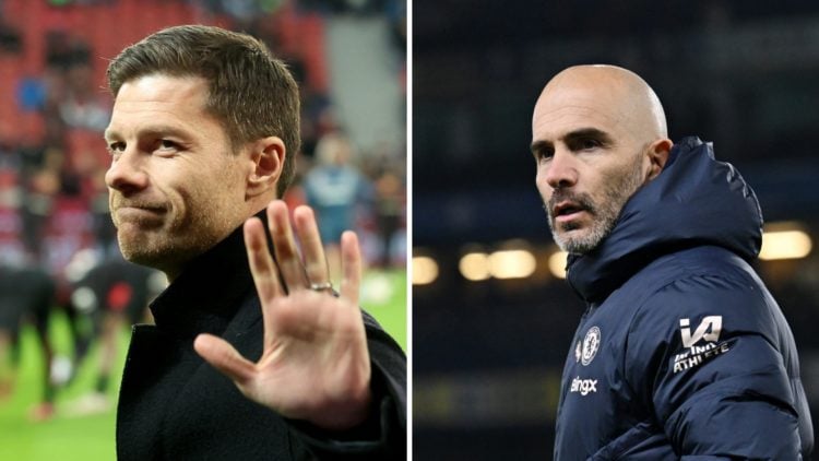 Split image - Bayer Leverkusen manager Xabi Alonso waving hand and Chelsea head coach Enzo Maresca with surprised expression on face