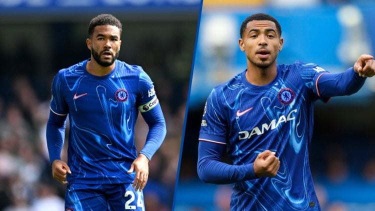 Split image - Chelsea captain Reece James playing against Everton and Levi Colwill pointing during match vs Liverpool