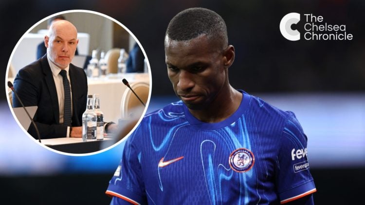 Chelsea striker Nicolas Jackson during match against Manchester City, inset Howard Webb during the IFAB 139th Annual General Meeting