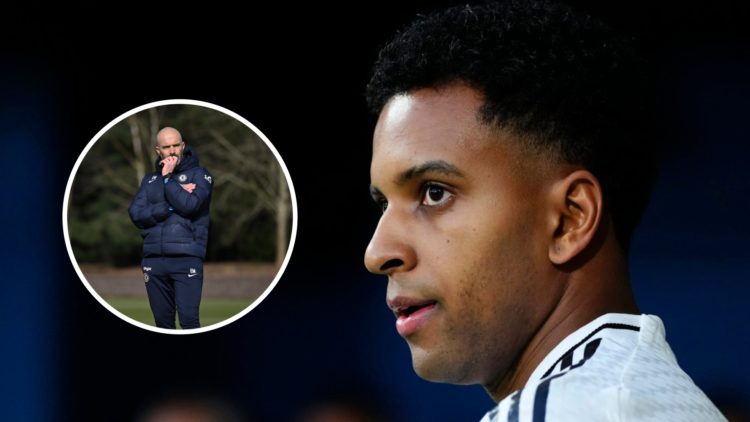 Real Madrid attacker Rodrygo in a La Liga match. Inset, Chelsea manager Enzo Maresca in training