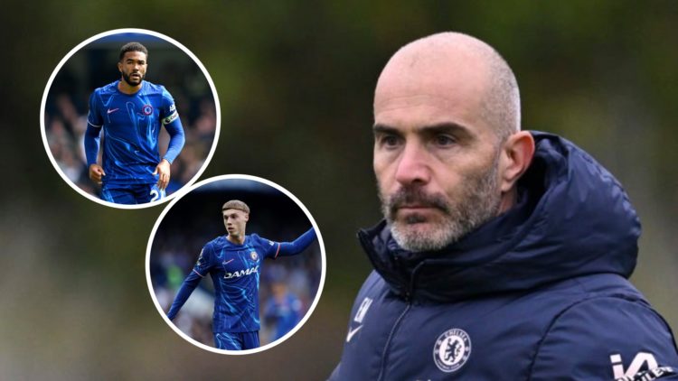 Enzo Maresca the Chelsea manager at Cobham. Inset one, Reece James playing for Chelsea in the Premier League. Inset two, Cole Palmer playing for Ch...