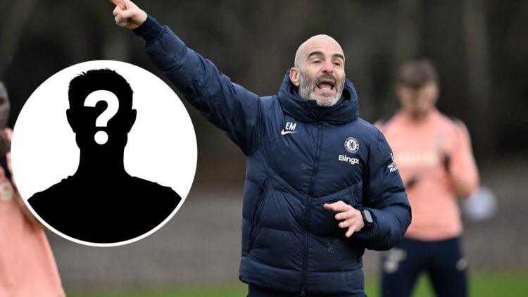 Chelsea manager Enzo Maresca giving instructions in training, inset mystery player