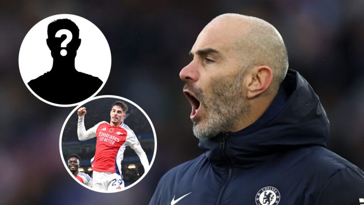 Chelsea manager Enzo Maresca in the Premier League. Inset one, mystery football player. Inset two, Arsenal attacker Kai Havertz playing in the Prem...