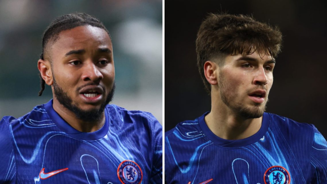 Picture one Christopher Nkunku playing for Chelsea. Picture two Marc Guiu playing for Chelsea