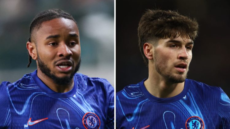 Picture one Christopher Nkunku playing for Chelsea. Picture two Marc Guiu playing for Chelsea