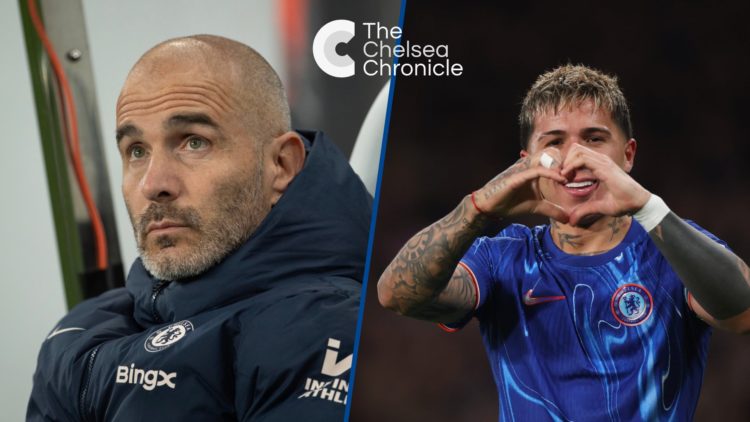 Split image - Chelsea manager Enzo Maresca sitting on bench at St James' Park and Enzo Fernandez celebrating goal