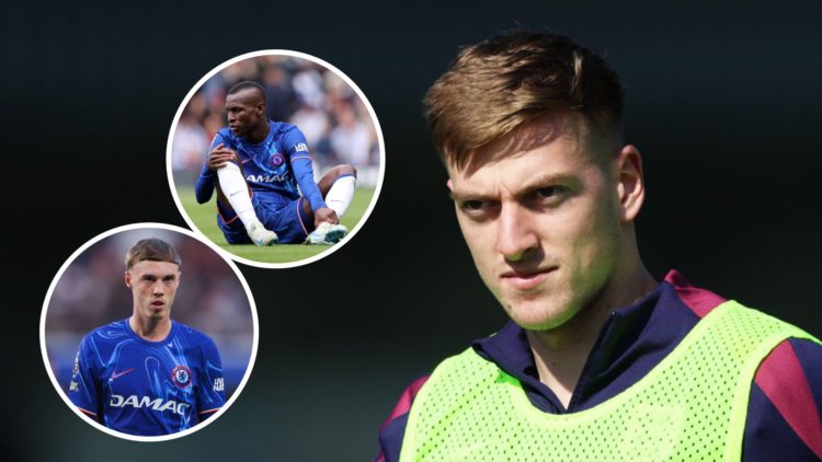 Liam Delap training for England's Under-21s side. Inset one, Chelsea star Nicolas Jackson in a Premier League match. Inset two, Chelsea attacker Co...