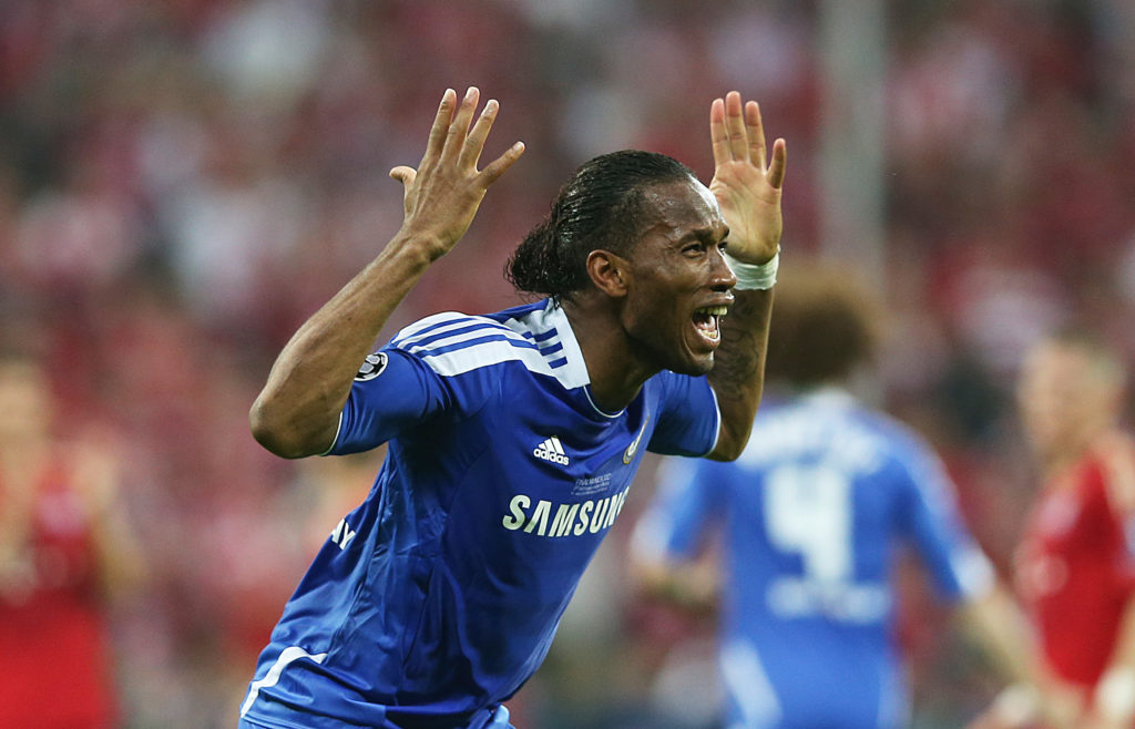 Didier Drogba celebrates scoring for Chelsea in Champions League final vs Bayern Munich