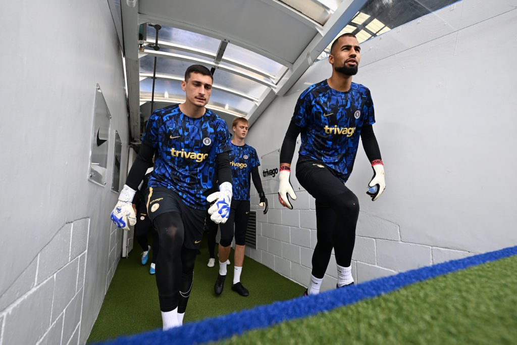 Djordje Petrovic and Robert Sanchez enter the pitch ahead of Chelsea FC v Nottingham Forest - Premier League