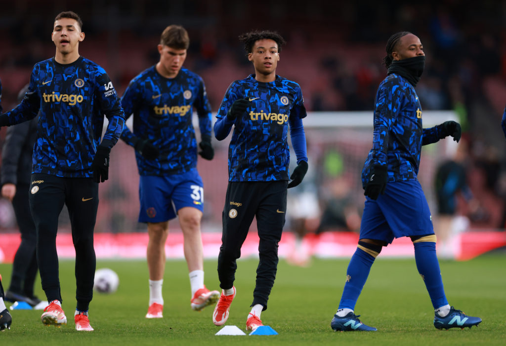 Kiano Dyer warms up ahead of Arsenal FC v Chelsea FC - Premier League