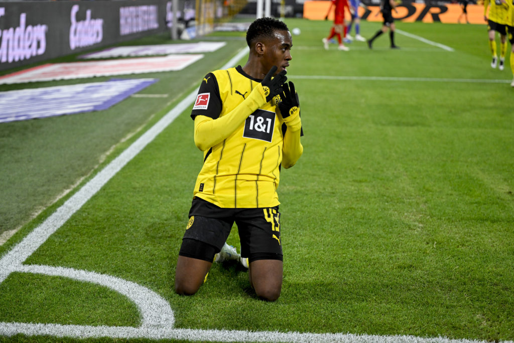 Jamie Gittens celebrates scoring during Borussia Dortmund v FC Bayern München - Bundesliga
