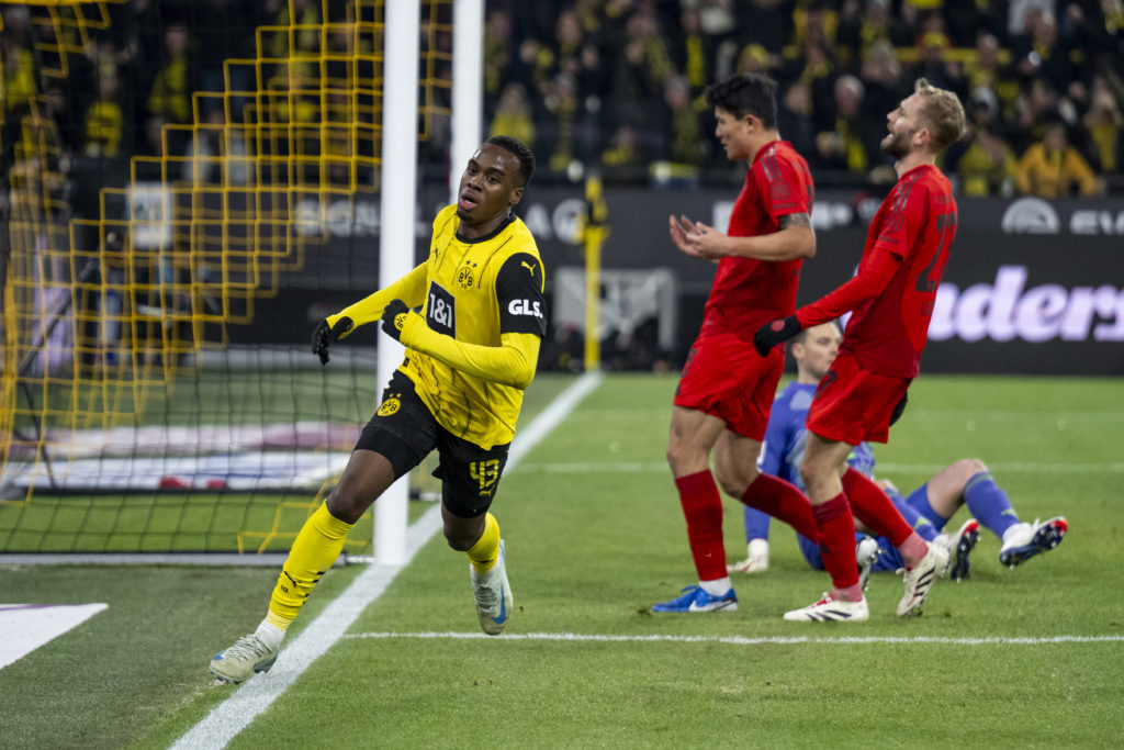 Jamie Gittens celebrates scoring during Borussia Dortmund v FC Bayern München - Bundesliga