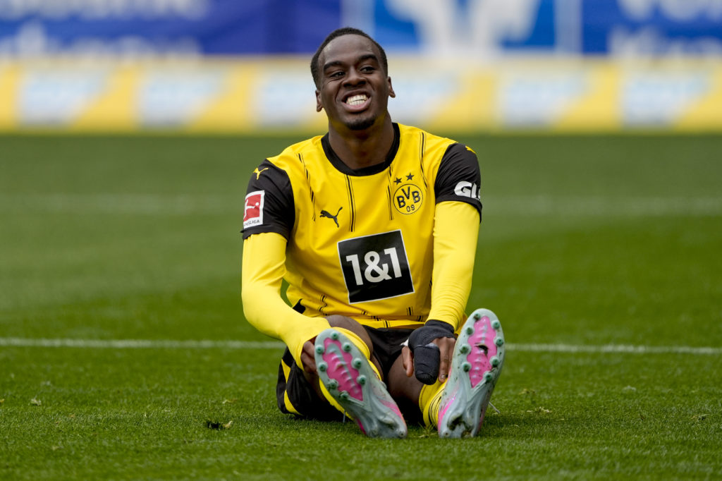 Jamie Gittens reacts during TSG 1899 Hoffenheim v Borussia Dortmund - Bundesliga