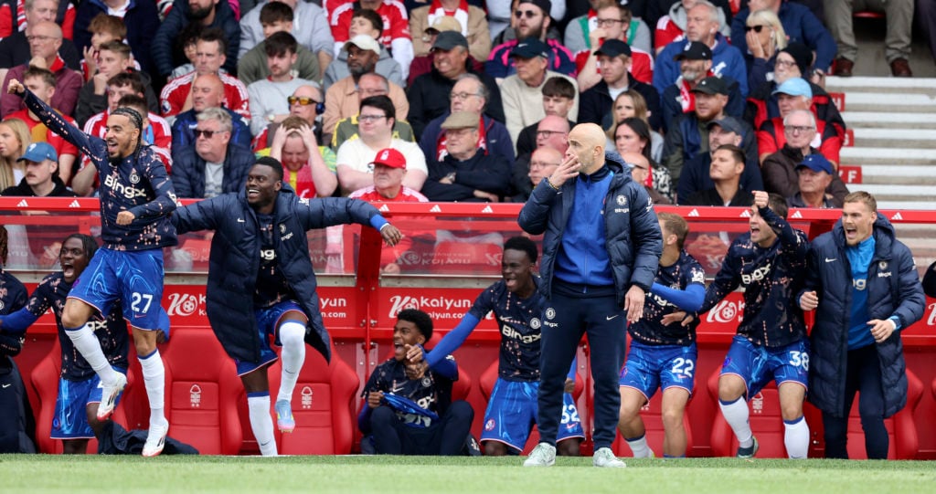 Enzo Maresca, and Benoit Badiashile celebrate after Nottingham Forest FC v Chelsea FC - Premier League