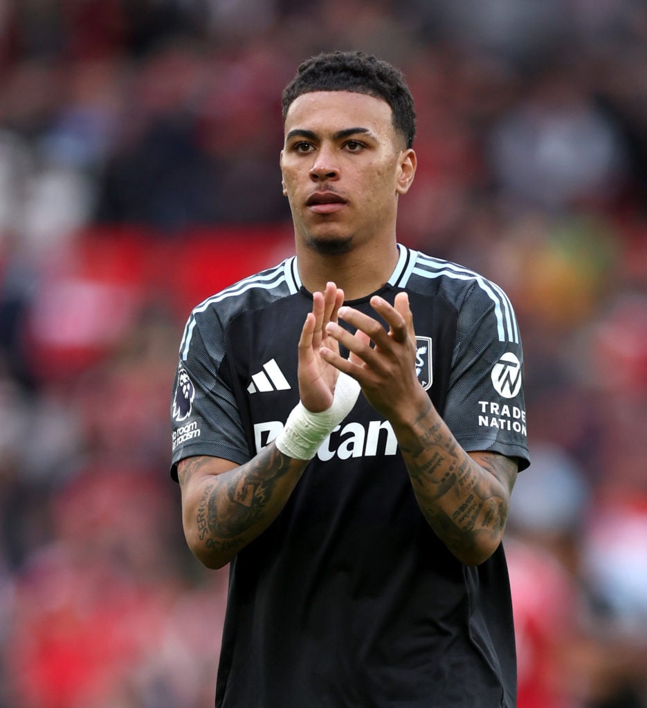 Morgan Rogers of Aston Villa applauds the fans after the Premier League match between Manchester United FC and Aston Villa