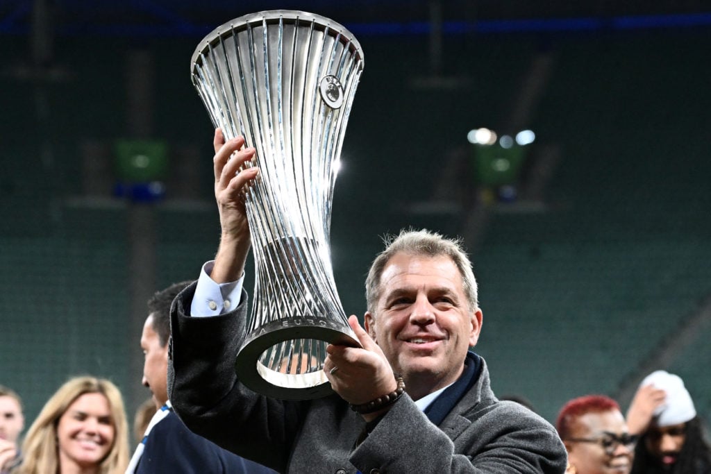 Chelsea owner Todd Boehly celebrates after Real Betis Balompie v Chelsea FC - UEFA Conference League Final 2025