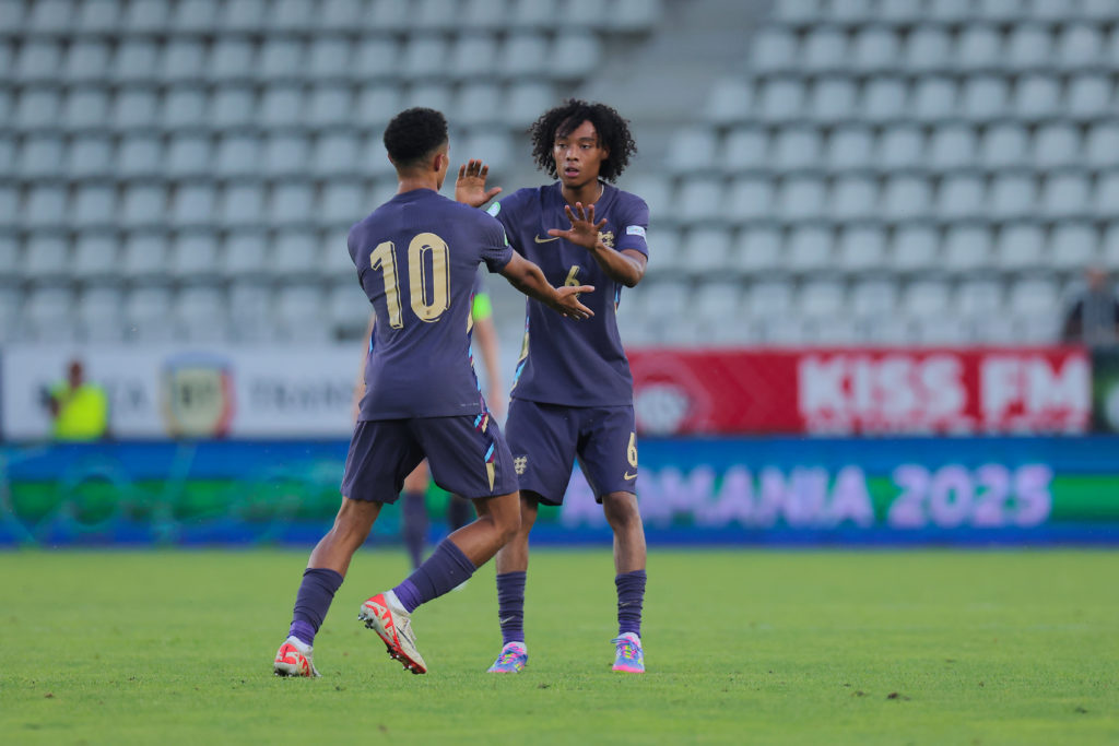 Kiano Dyer and Joshua King celebrate during Germany v England: UEFA Men's European Under-19 Championship