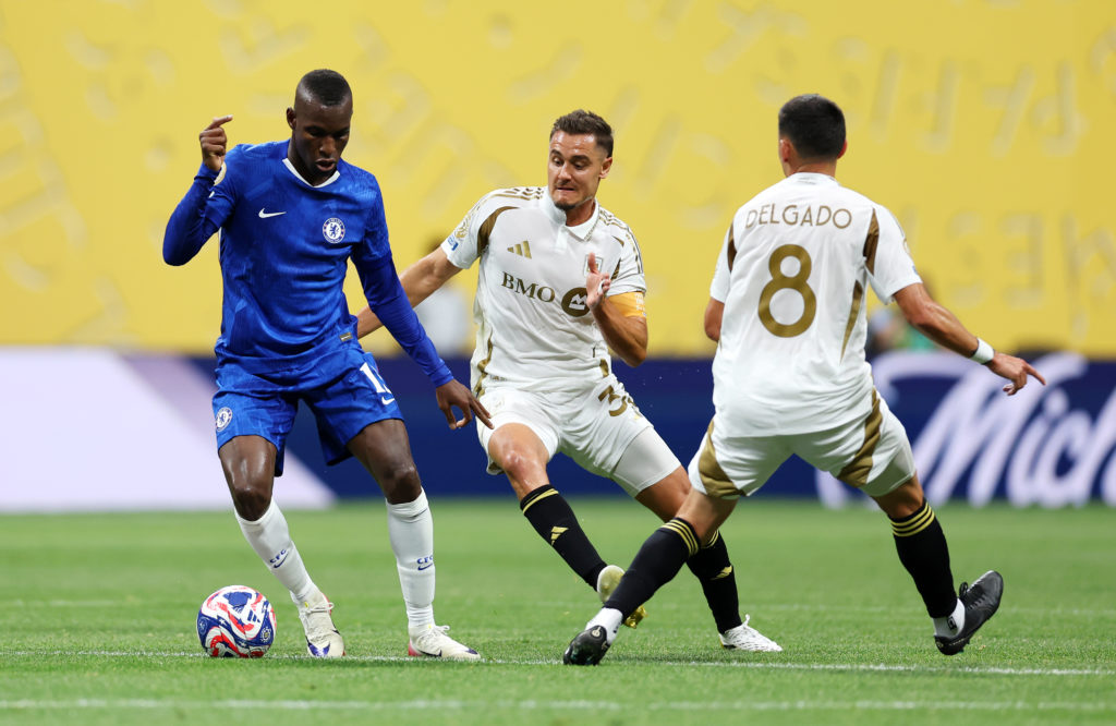 Chelsea's Nicolas Jackson dribbling against Los Angeles Football Club in Group D of the Club World Cup.