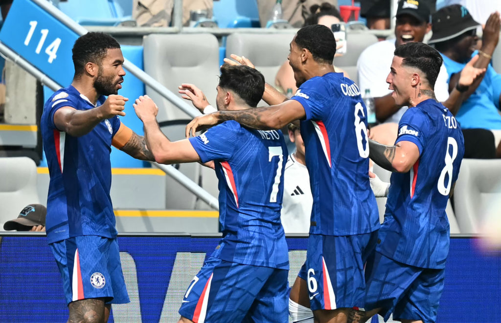 Chelsea players celebrate with Reece James after his goal during the Club World Cup fixture vs Benfica