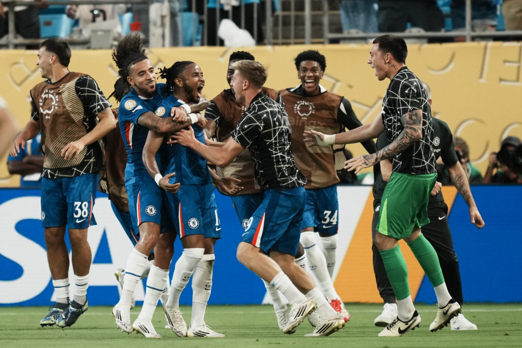 Christopher Nkunku celebrates scoring for his side during Benfica SL v Chelsea FC: Round Of 16 - FIFA Club World Cup 2025
