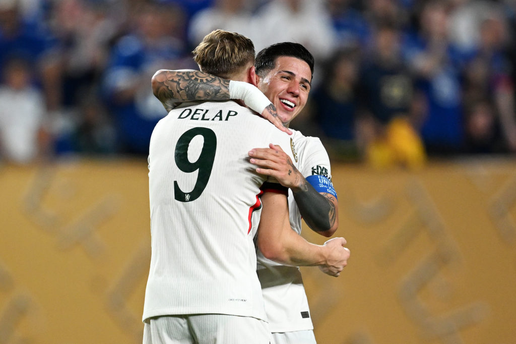 Enzo Fernandez and Liam Delap celebrate during Esperance de Tunis v Chelsea FC: Group D - FIFA Club World Cup 2025