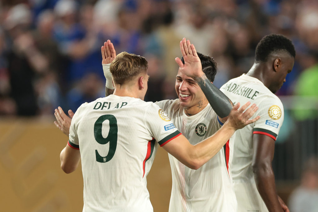 Liam Delap and Enzo Fernandez celebrate during Esperance de Tunis v Chelsea FC: Group D - FIFA Club World Cup 2025