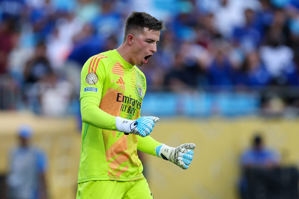 Anatoliy Trubin #1 of SL Benfica reacts after a save during FIFA Club World Cup 2025 round of 16 match between SL Benfica and Chelsea FC