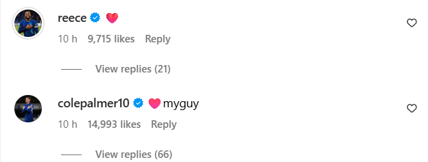 Reece James and Cole Palmer comment on Jadon Sancho's Instagram