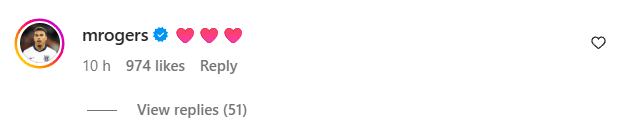Morgan Rogers comments on Liam Delap's Instagram post