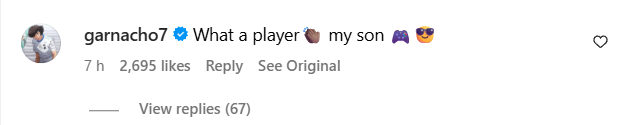 Alejandro Garnacho comments on Enzo Fernandez's Instagram post