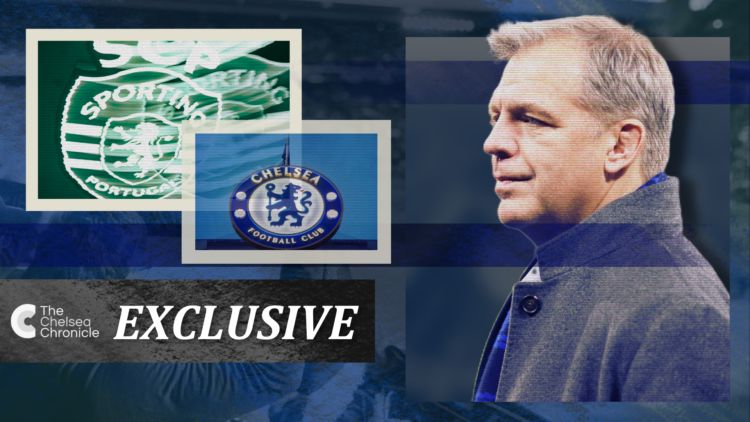 Illustration image of Todd Boehly with the Chelsea and Sporting Lisbon badges inset